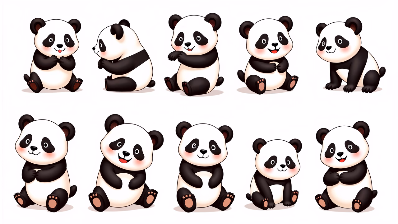 Cute panda illustrations in various playful poses, perfect for children’s art.