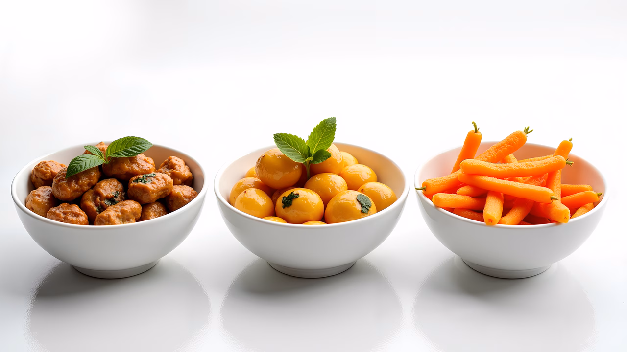 Three bowls of colorful food with fresh mint garnish, perfect for food photography enthusiasts.