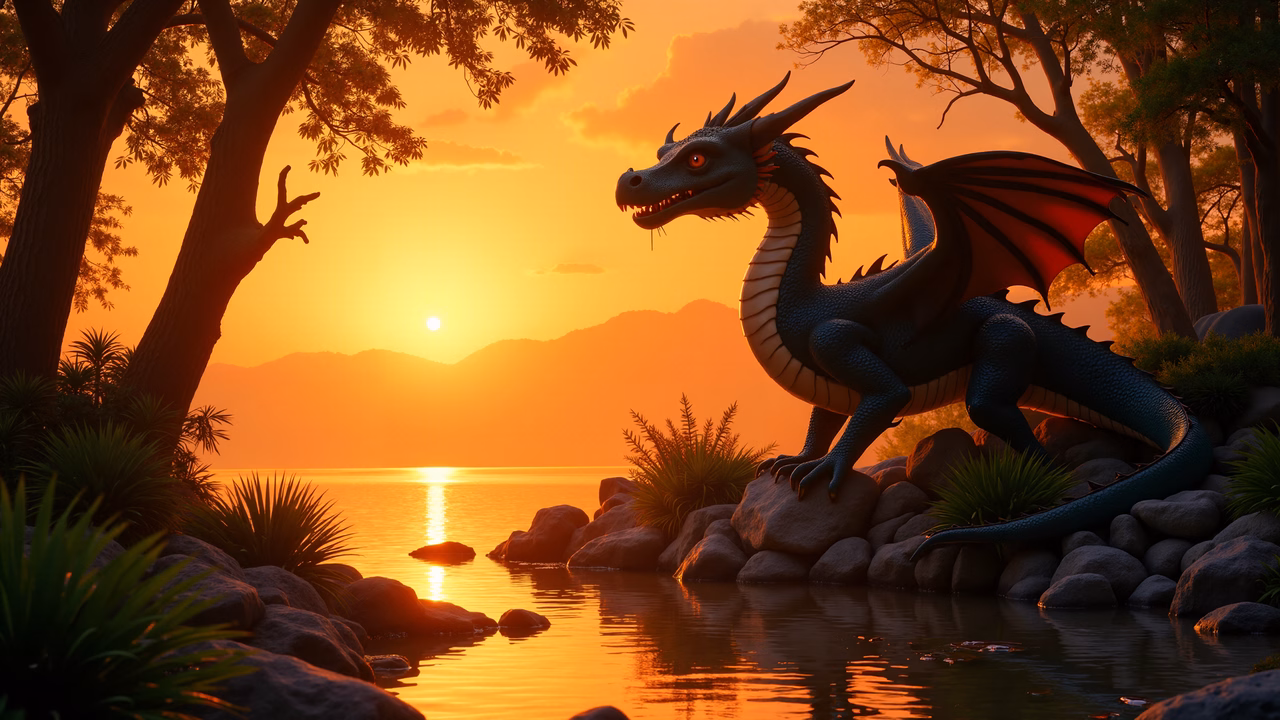 A dragon at sunset, serene fantasy landscape
