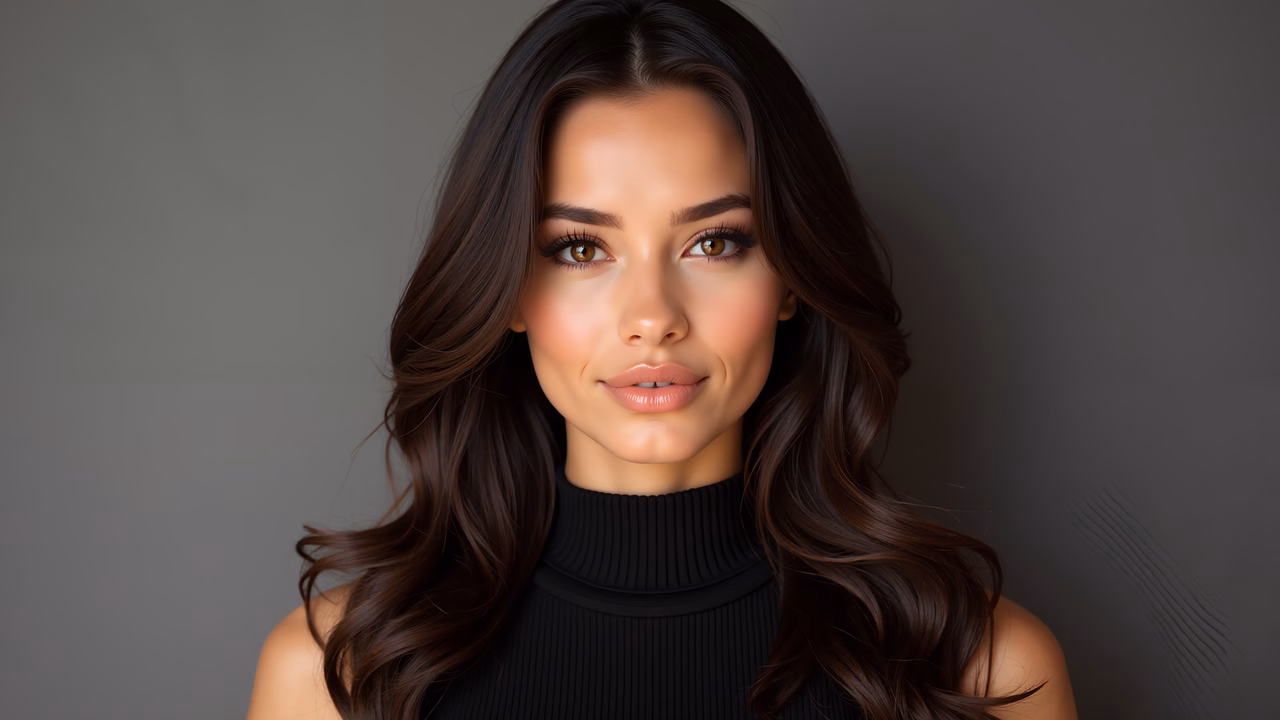 Elegant portrait of a woman with long, wavy brown hair and a black turtleneck sweater.
