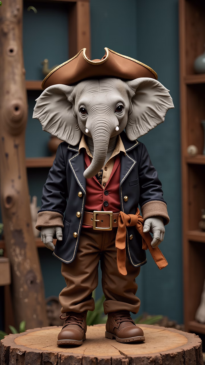 A cartoon elephant pirate dressed in a tricorn hat and a red vest, standing on a wooden stump.