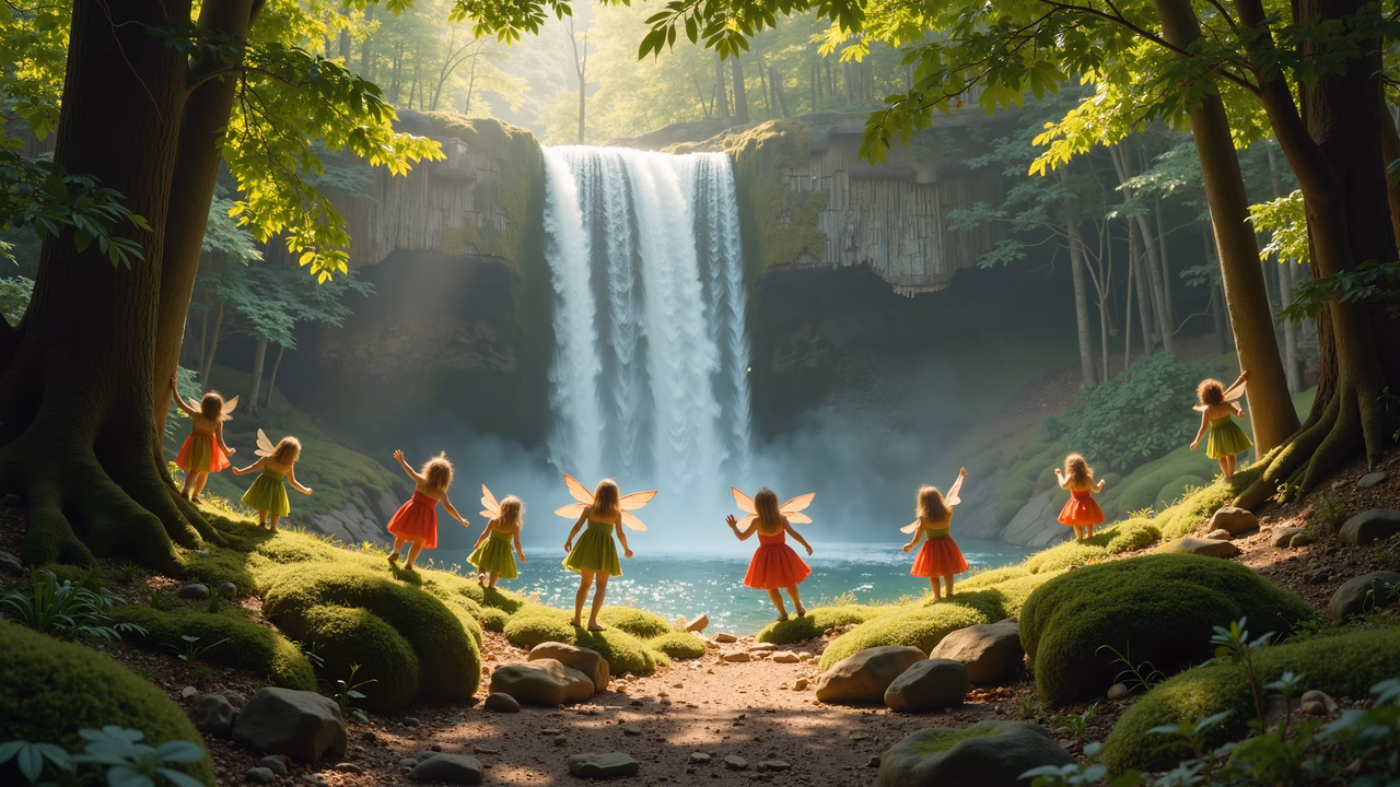 Enchanted fairies dance by a mystical waterfall in a vibrant forest setting.