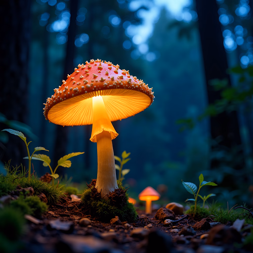 Glowing mushroom in a mystical forest setting