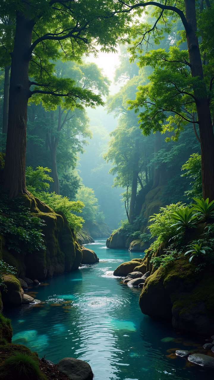 A peaceful forest stream surrounded by lush greenery and sunlight filtering through the trees.