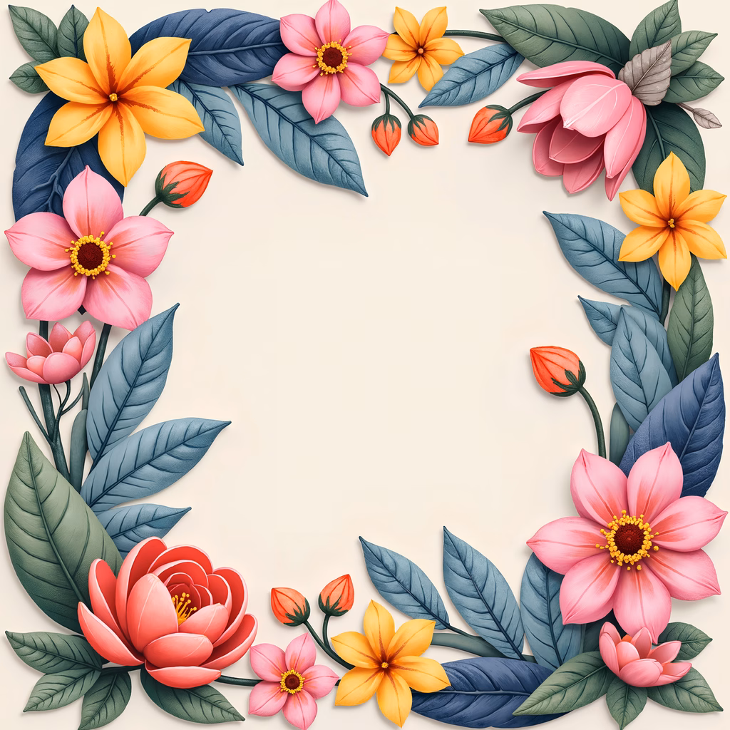 Vibrant floral frame illustration with soft pinks, bright yellows, and deep greens.