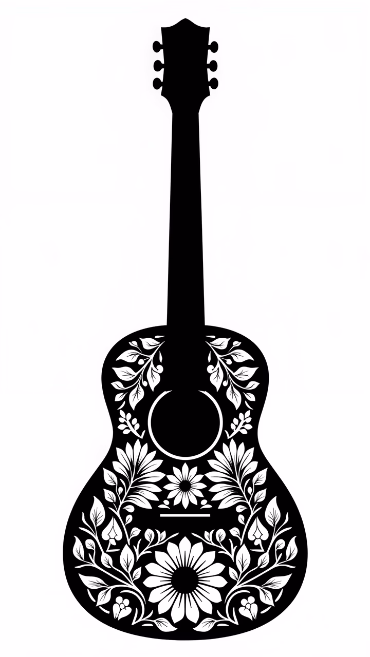 Black silhouette of an acoustic guitar with detailed white floral patterns.