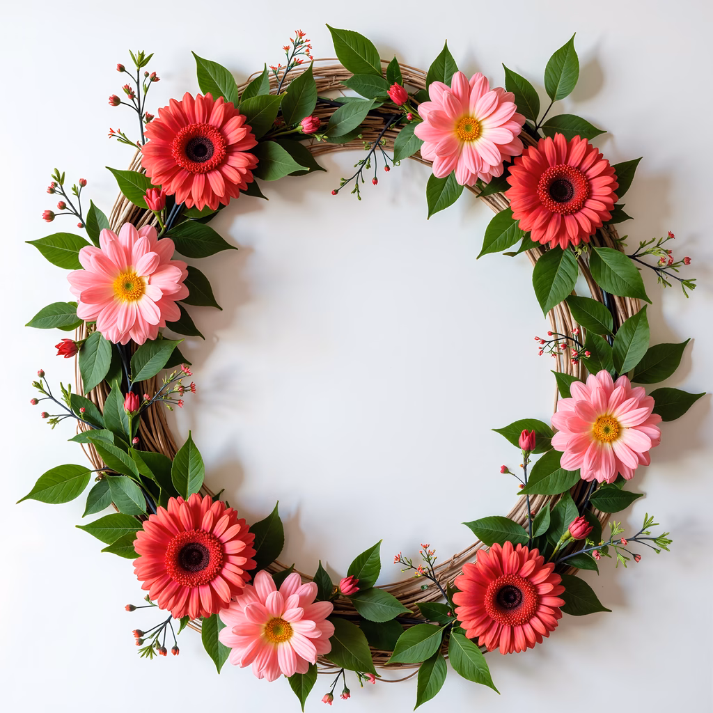 Vibrant floral wreath with gerbera daisies and greenery.