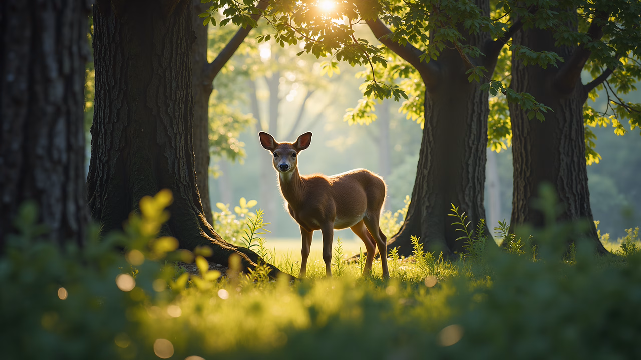 A deer in a sunlit forest, capturing the harmony of nature.