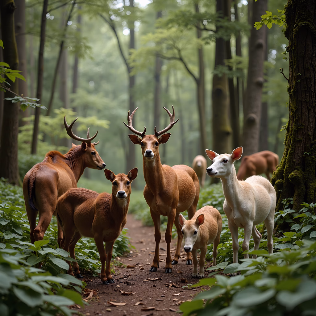 A peaceful gathering of deer in a lush forest setting.
