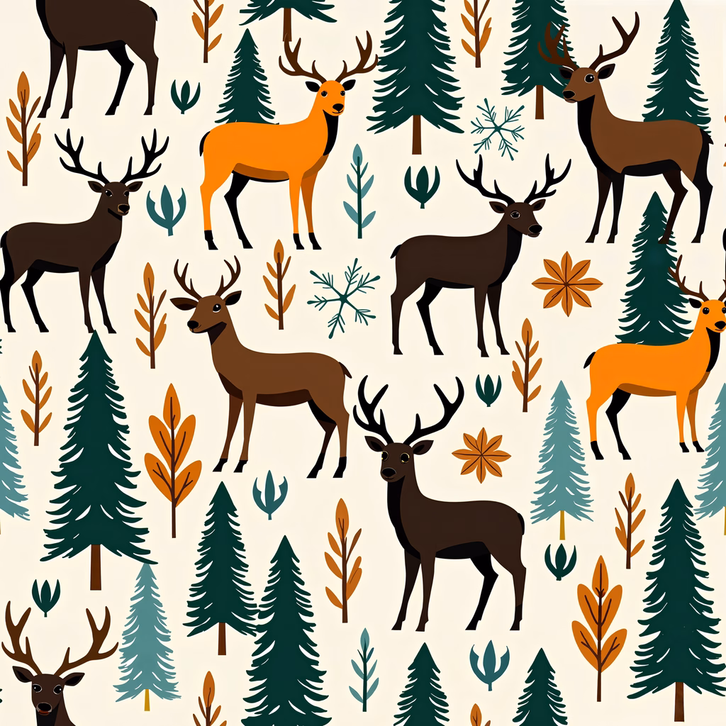 Whimsical forest scene with deer and trees in a warm color palette.