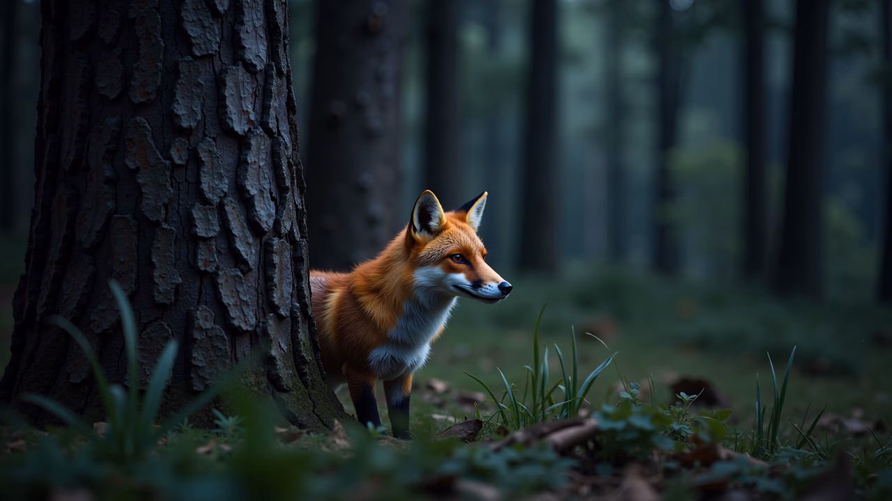 A curious fox in a tranquil forest setting.