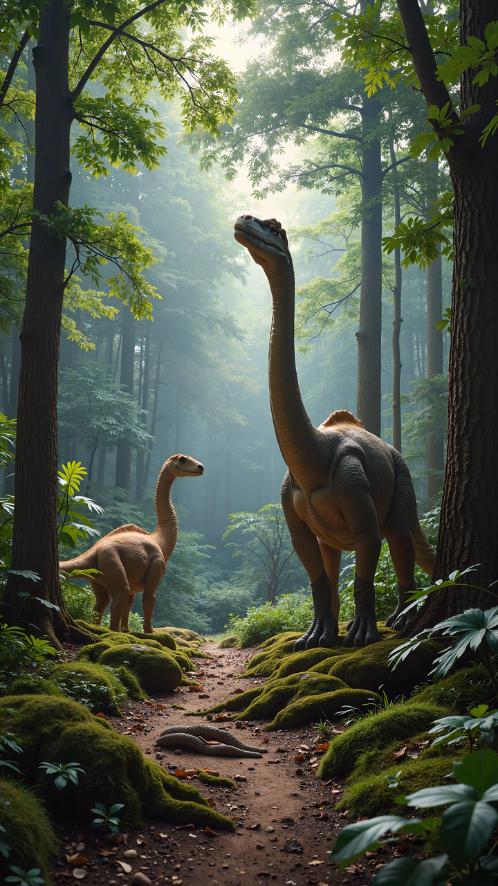 Two dinosaurs in a lush forest setting, evoking a sense of ancient wonder and tranquility.
