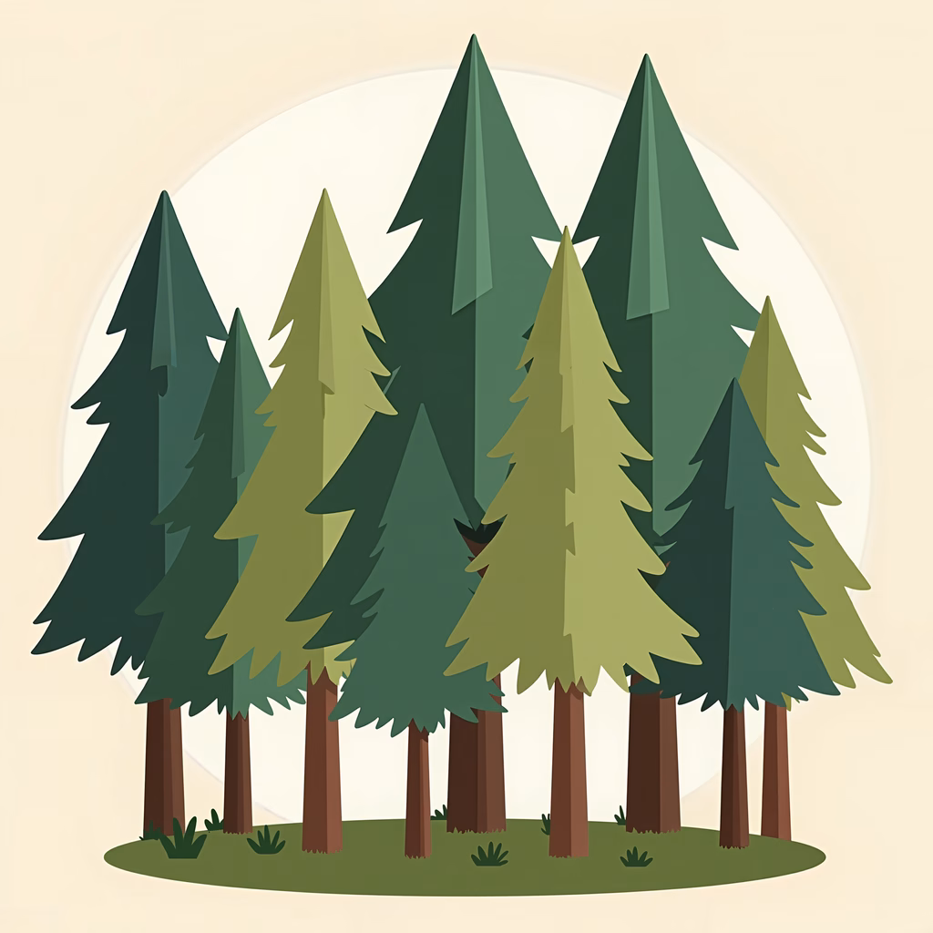 A stylized forest scene with tall pine trees in muted greens on a beige background.