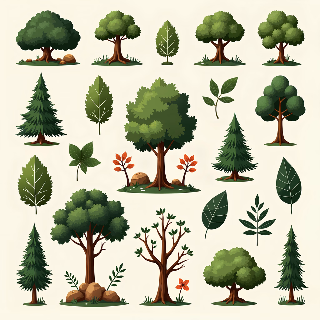 Vibrant forest illustrations featuring diverse trees and foliage.