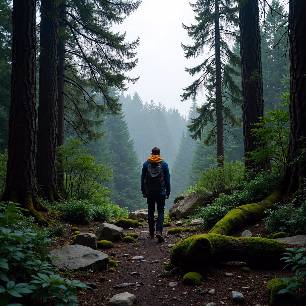 Solitary hiker in a tranquil forest setting