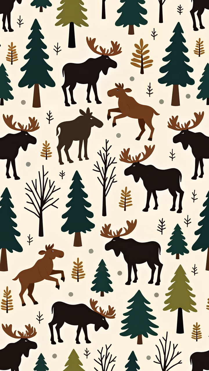 Whimsical moose and pine tree pattern in earthy tones