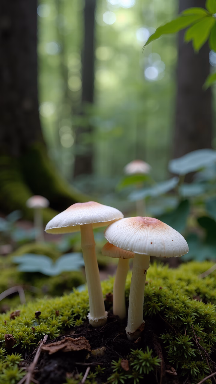 Delicate forest mushrooms in a lush green setting.
