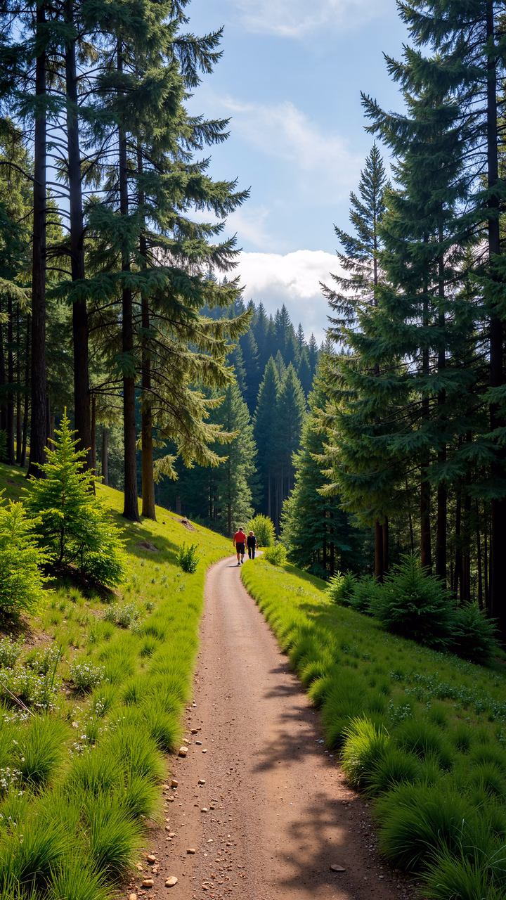 A tranquil forest path surrounded by lush greenery and towering trees, bathed in natural light.