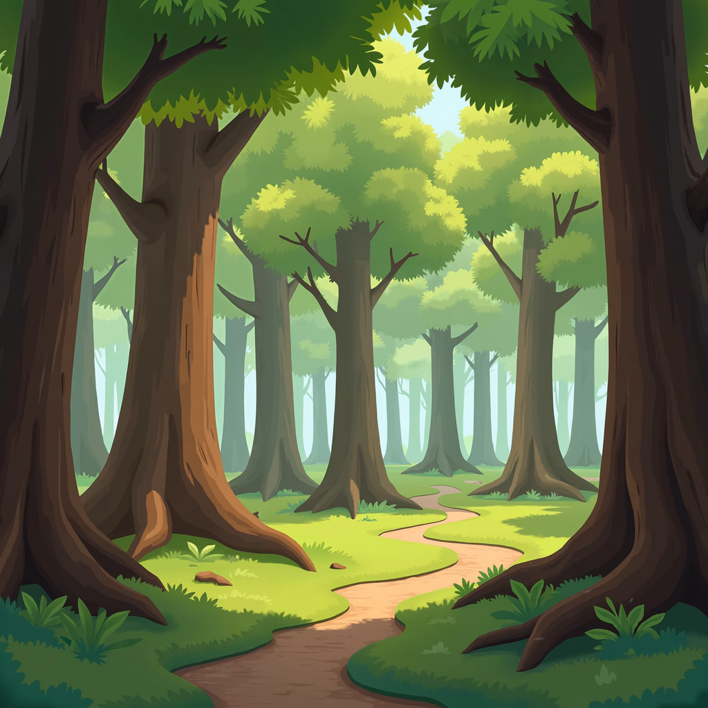 A tranquil forest path surrounded by tall trees and vibrant greenery.
