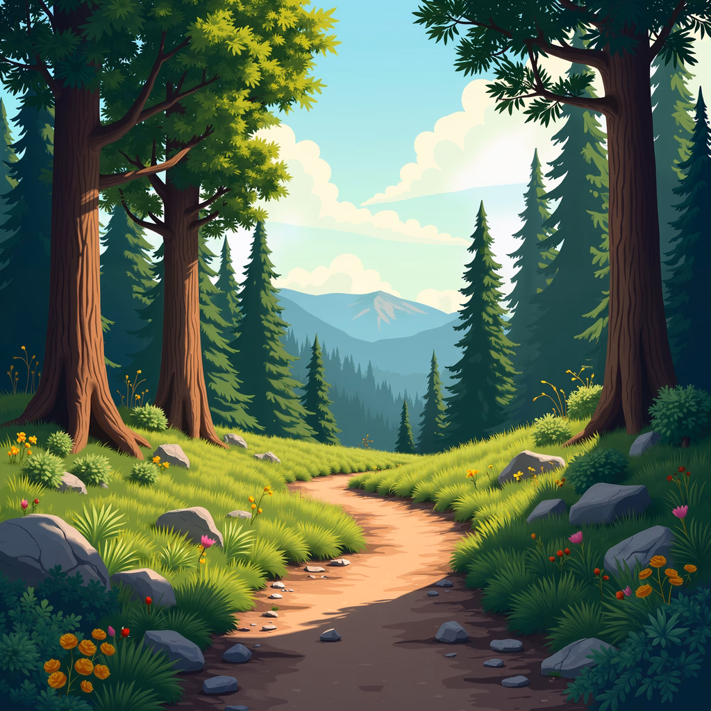 A tranquil forest path surrounded by vibrant greenery and distant mountains.