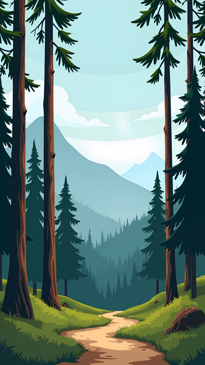 A peaceful forest path surrounded by tall pines and distant mountains, rendered in a modern illustration style.