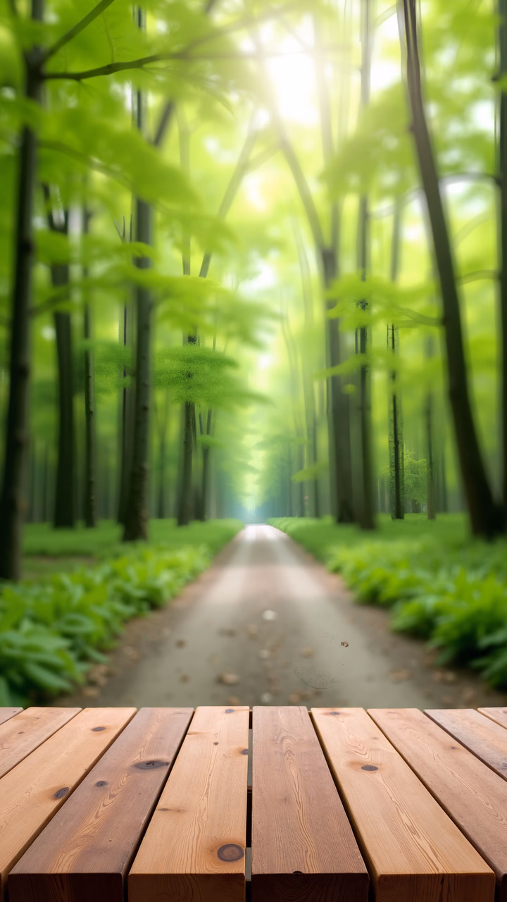 A peaceful forest path leading into the distance, surrounded by greenery and bathed in soft light.
