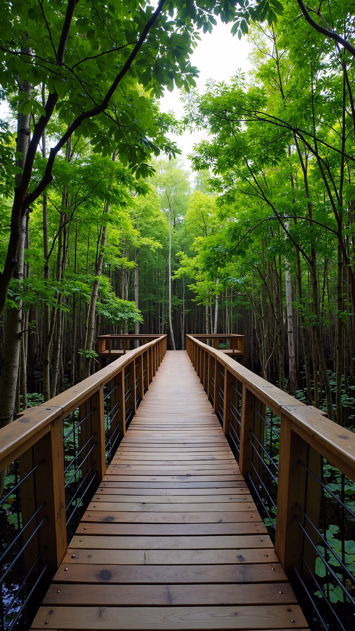 A peaceful wooden pathway through a dense forest, inviting exploration.