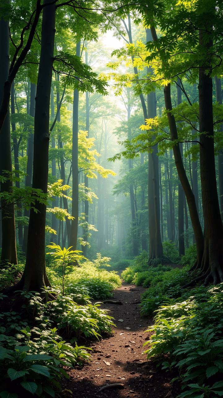 A peaceful forest path surrounded by lush greenery and dappled sunlight.
