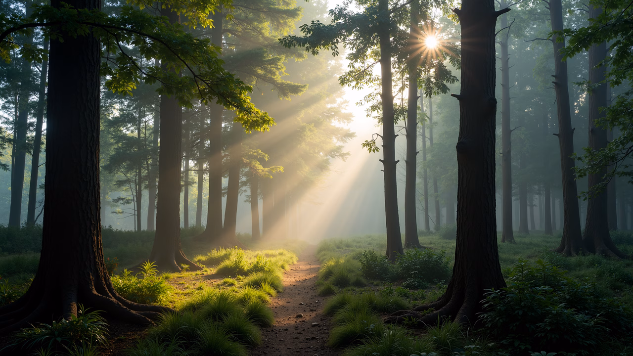 Golden sunlight illuminates a tranquil forest pathway surrounded by lush greenery and misty air.