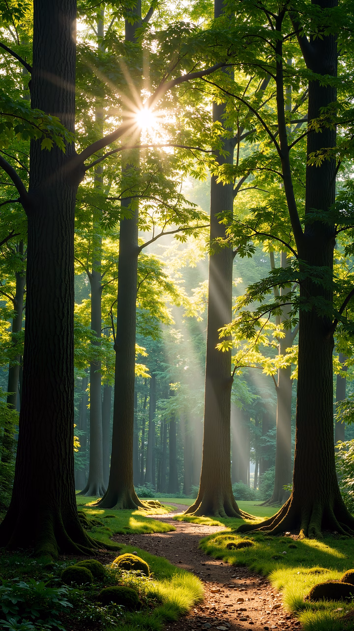 Golden sunlight illuminates a mossy forest pathway, creating a serene and inviting atmosphere.