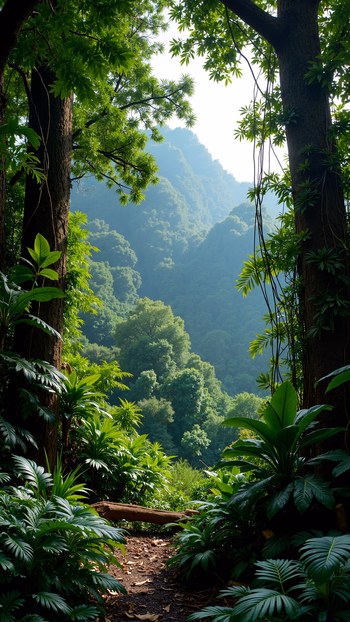 A peaceful forest pathway surrounded by lush greenery and dappled sunlight.