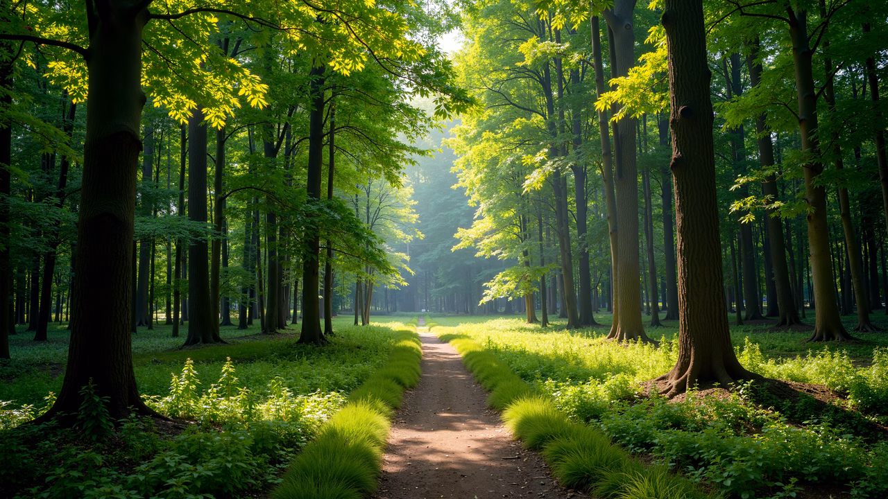 A tranquil forest pathway surrounded by lush greenery and dappled sunlight.