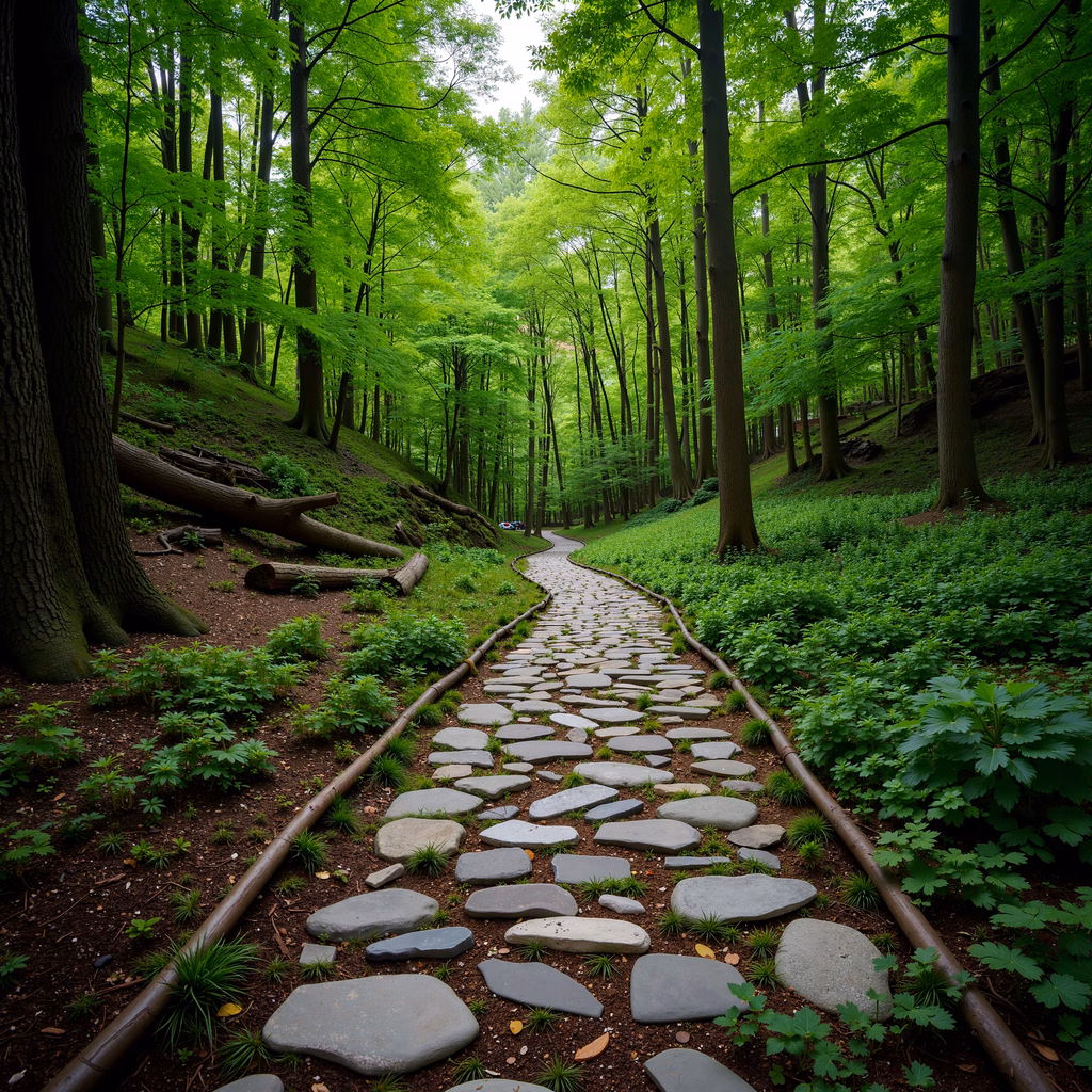 A peaceful forest pathway surrounded by greenery and stone steps.