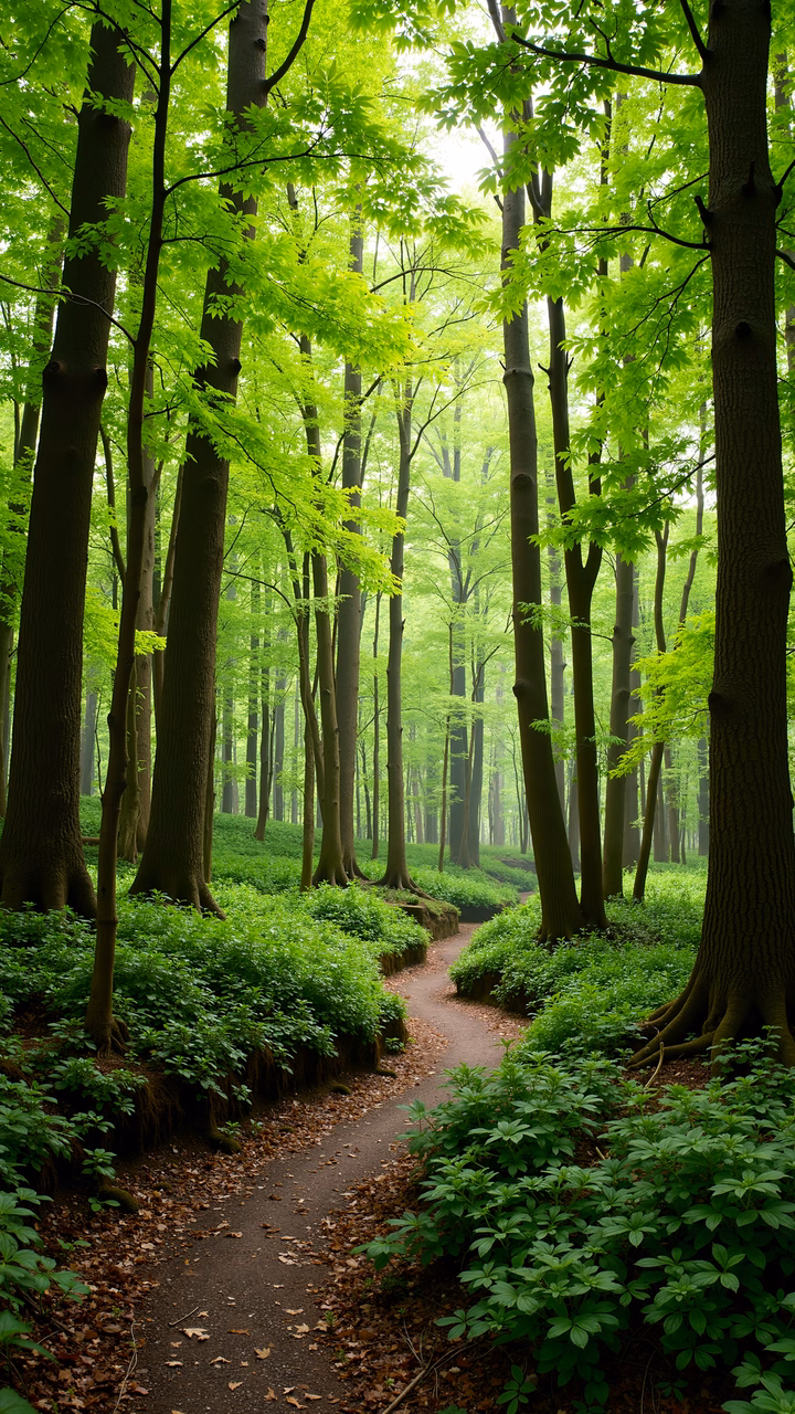 A tranquil forest pathway surrounded by vibrant greenery and soft natural light.
