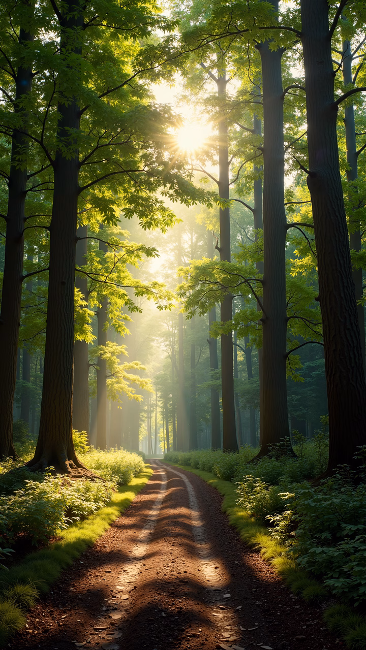 Golden sunlight illuminates a peaceful forest pathway, inviting exploration and tranquility.