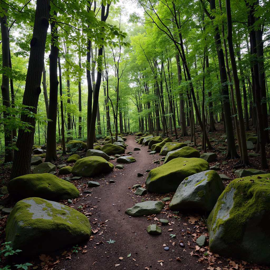 A tranquil forest pathway surrounded by greenery and moss-covered rocks.