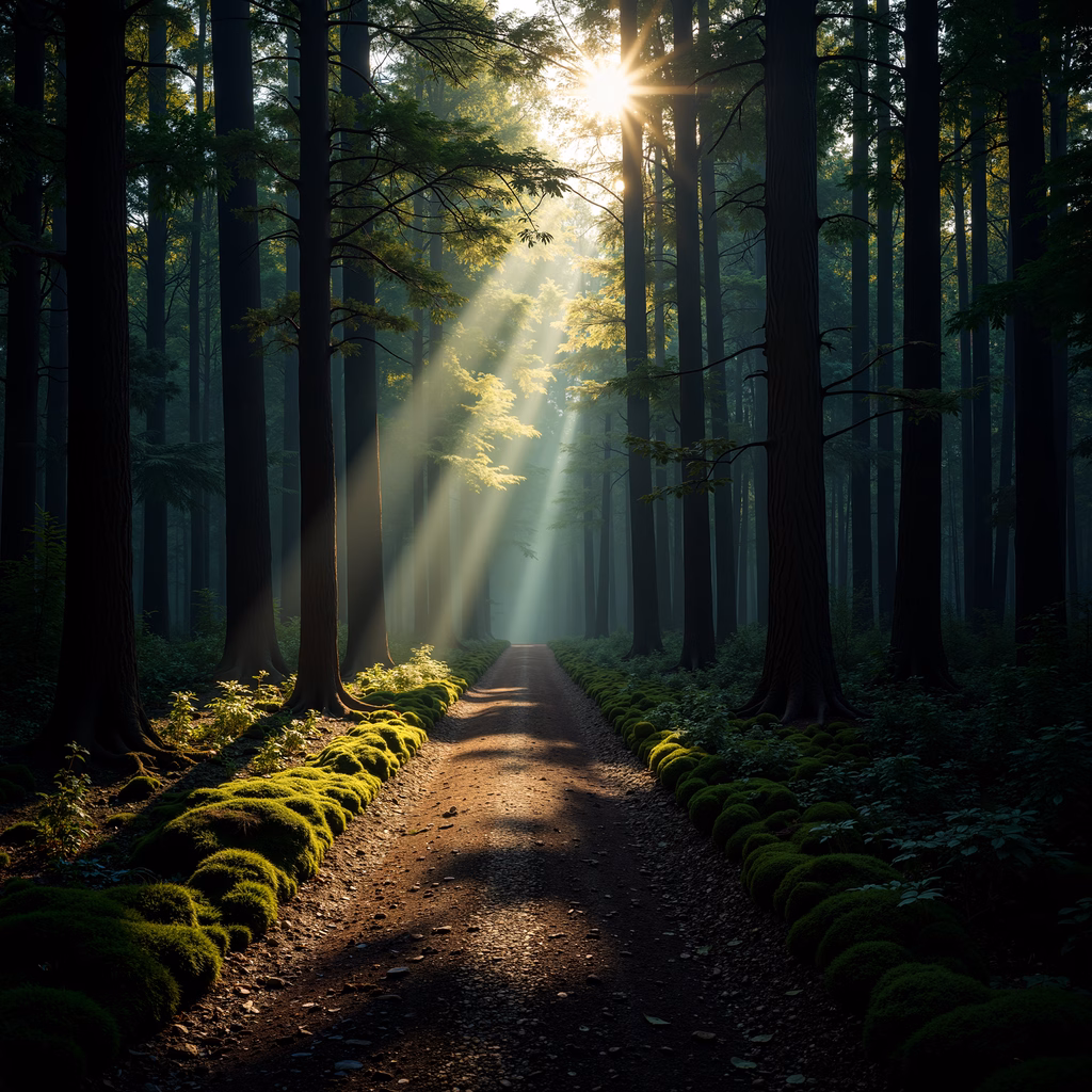 A tranquil forest pathway illuminated by dappled sunlight and vibrant green moss.