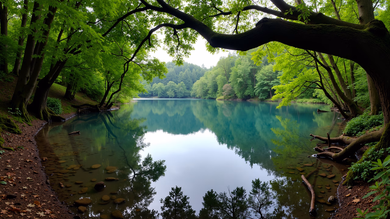 A peaceful forest scene with a reflective lake surrounded by lush greenery.