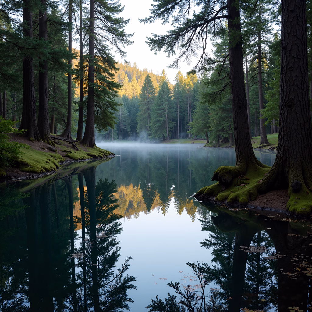 Serene forest reflections captured in a tranquil lakeside scene.