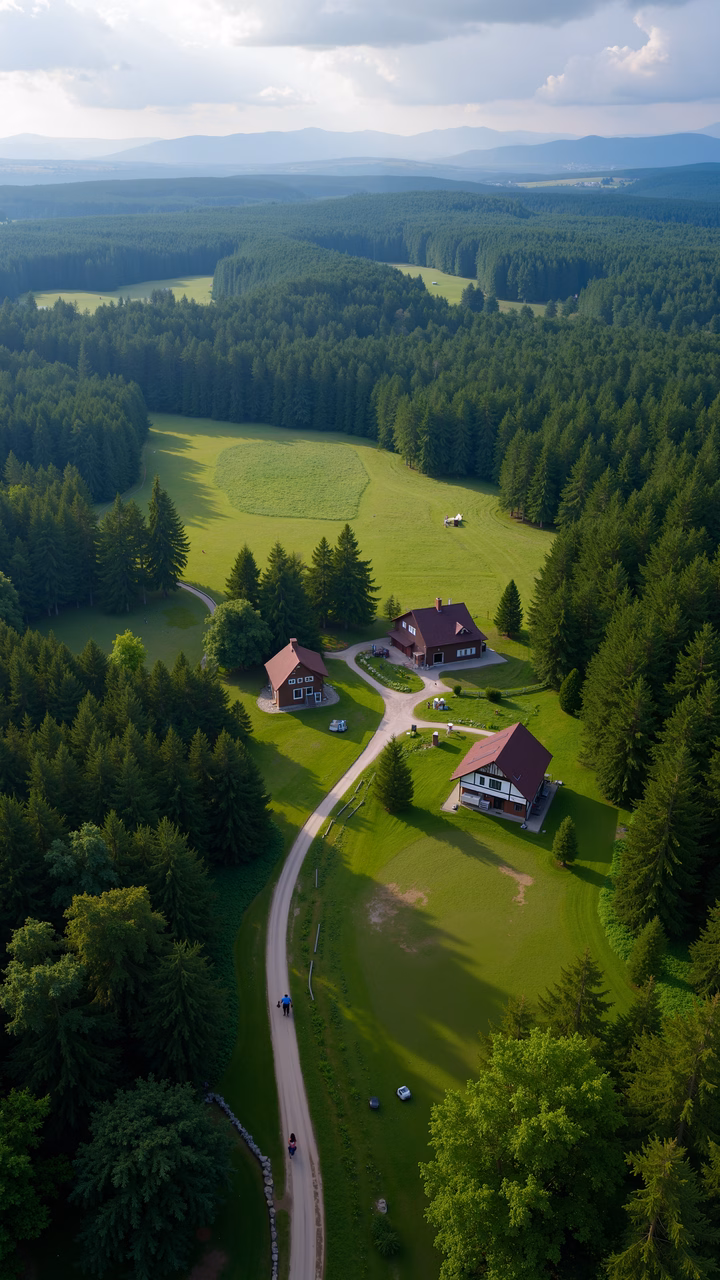 Aerial shot of a tranquil forest retreat surrounded by lush greenery and rustic houses.