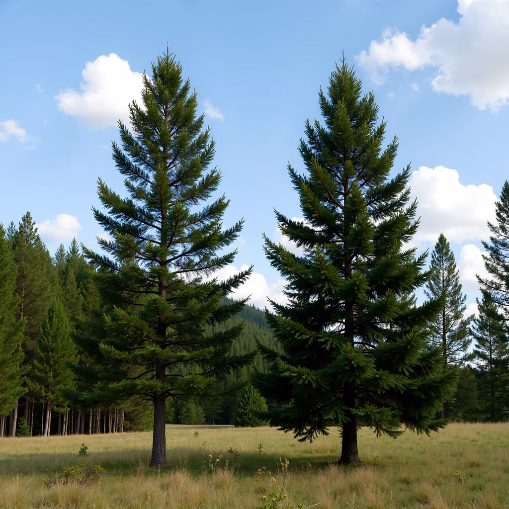A peaceful forest scene with tall pines and golden grass under a bright sky.