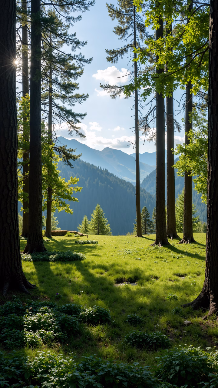 A peaceful forest scene with tall trees and a mountain backdrop.