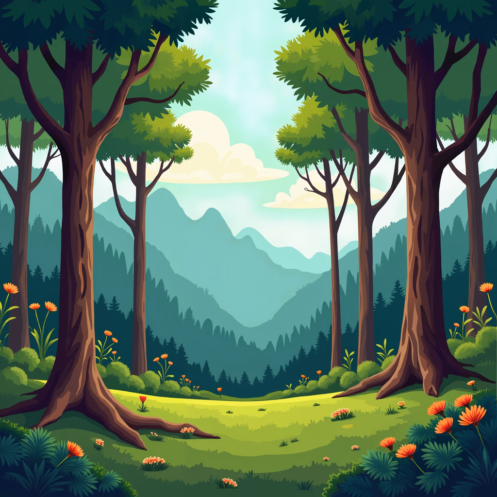 A serene forest illustration with lush greenery and vibrant colors.