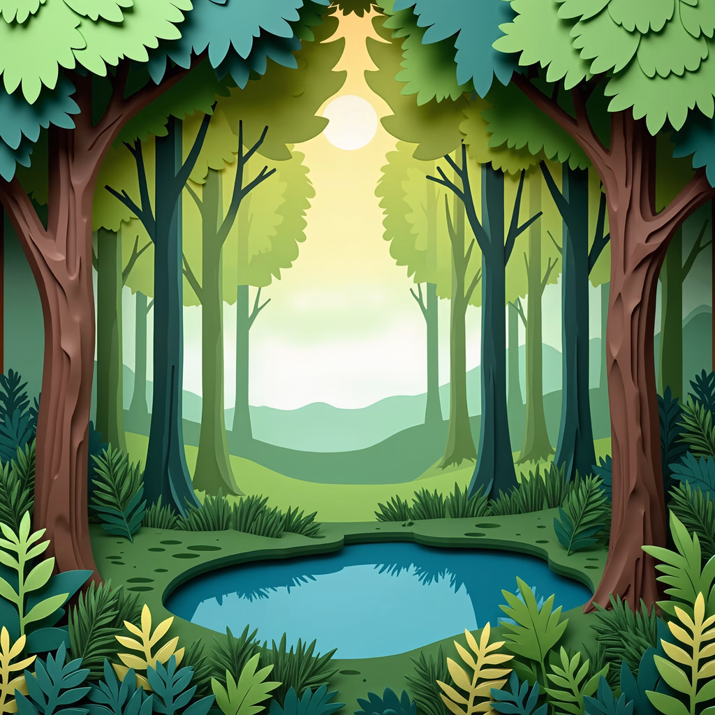 A tranquil forest scene with lush greenery and a serene pond, captured in a detailed illustration.