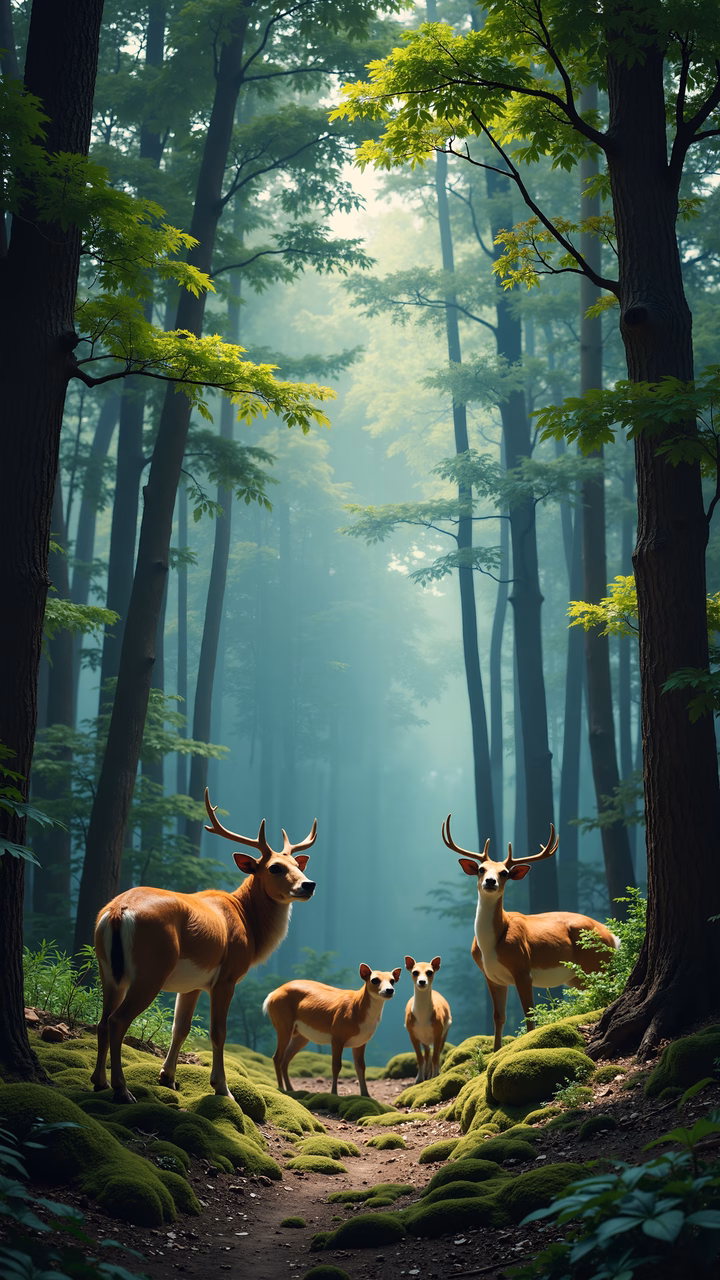A serene forest scene with deer family amidst lush greenery and diffused sunlight.