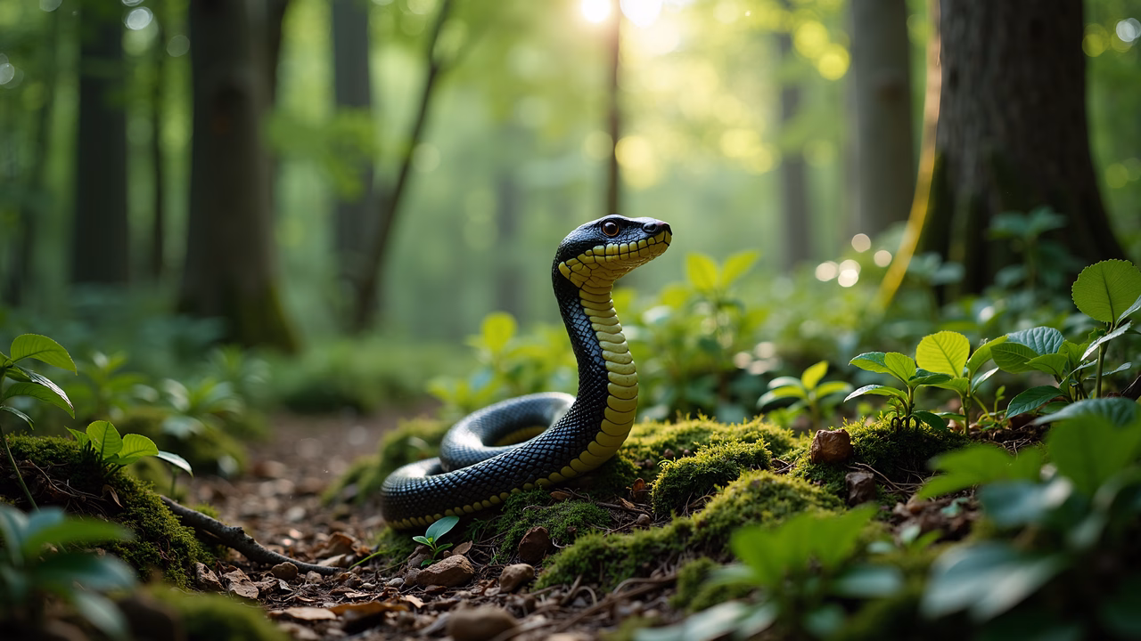 Close-up of a snake in a sunlit forest, showcasing vibrant colors and natural textures.