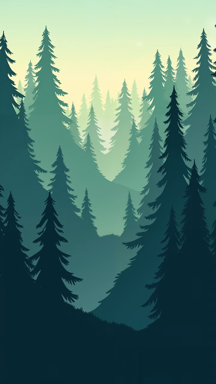 Minimalist forest silhouette illustration with serene green tones.
