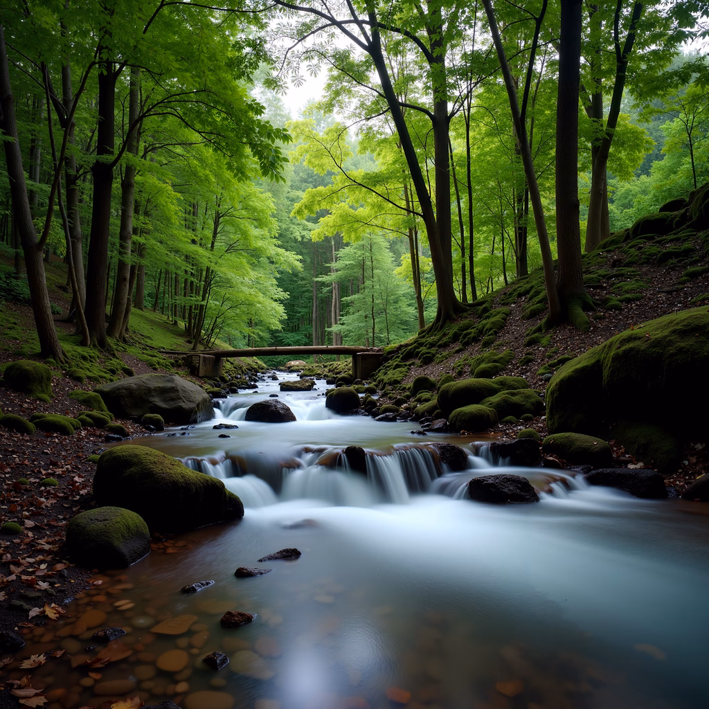 A peaceful forest stream with vibrant green foliage and mossy rocks.