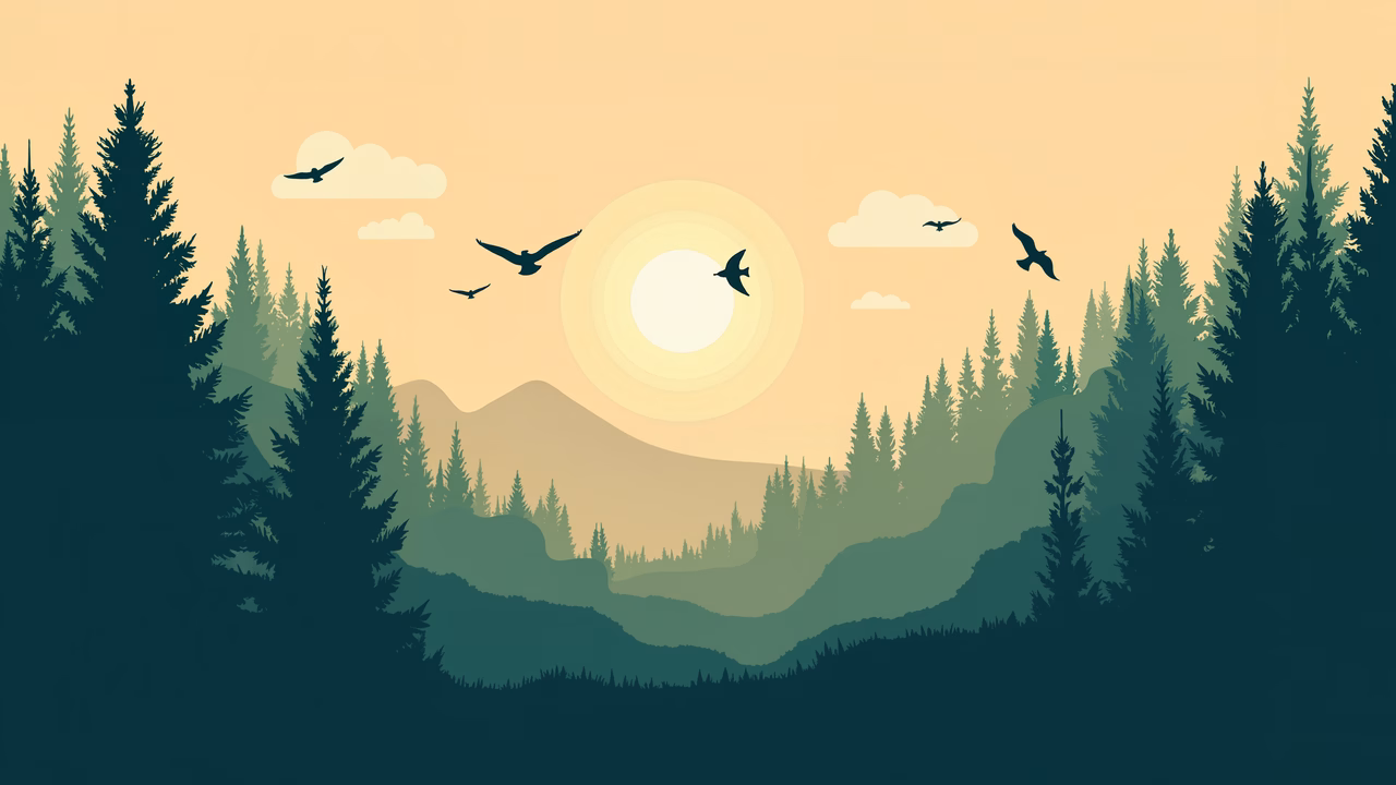 A tranquil forest sunset with birds flying, featuring warm colors and silhouetted trees.