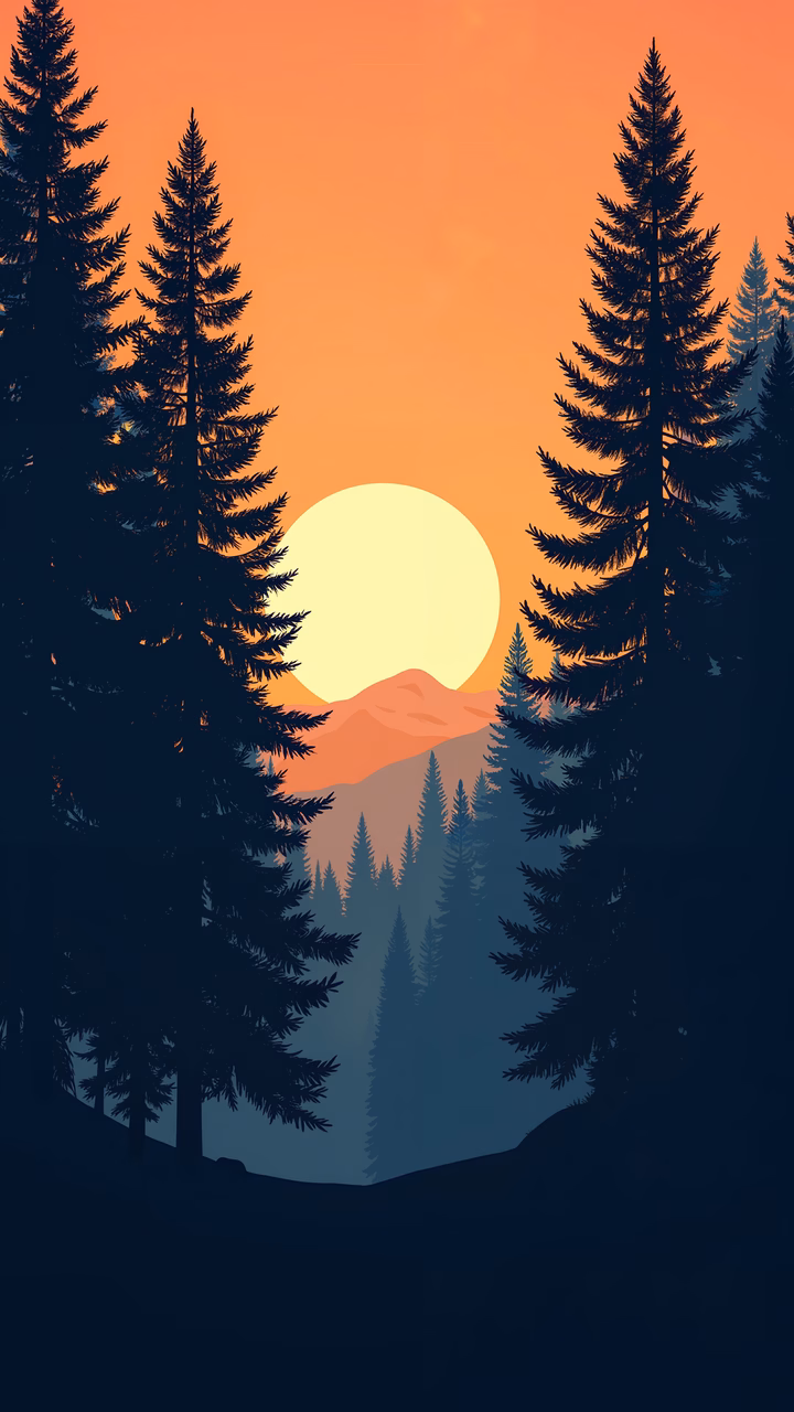 Minimalist forest sunset illustration, serene and peaceful
